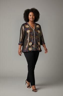3XL Black Gold Sequin Beaded Floral Evening Jacket Statement Formal Top